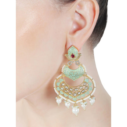 Akulya Jewels Mint Green Minakari Kundan Chandbali with Delicate Faux Diamonds and White Beads.