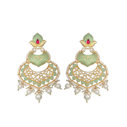Akulya Jewels Mint Green Minakari Kundan Chandbali with Delicate Faux Diamonds and White Beads.