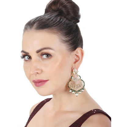 Akulya Jewels Dark Green Kundan Chandbali with Faux Diamonds and White Beads.