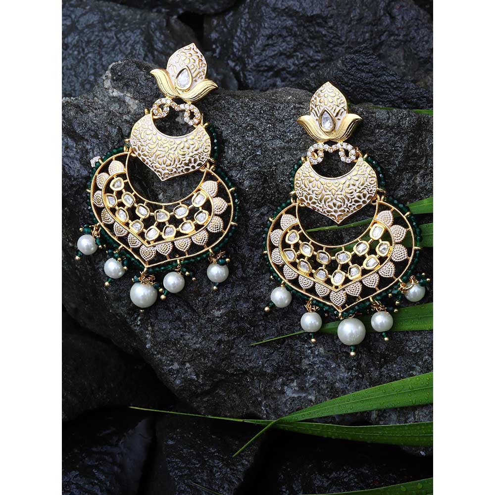 Akulya Jewels Dark Green Kundan Chandbali with Faux Diamonds and White Beads.