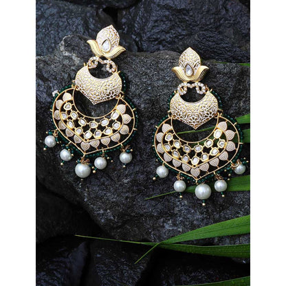 Akulya Jewels Dark Green Kundan Chandbali with Faux Diamonds and White Beads.