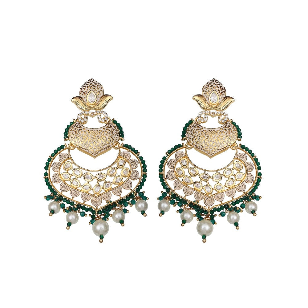 Akulya Jewels Dark Green Kundan Chandbali with Faux Diamonds and White Beads.