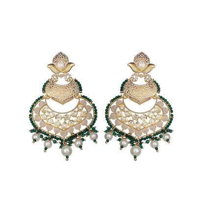 Akulya Jewels Dark Green Kundan Chandbali with Faux Diamonds and White Beads.