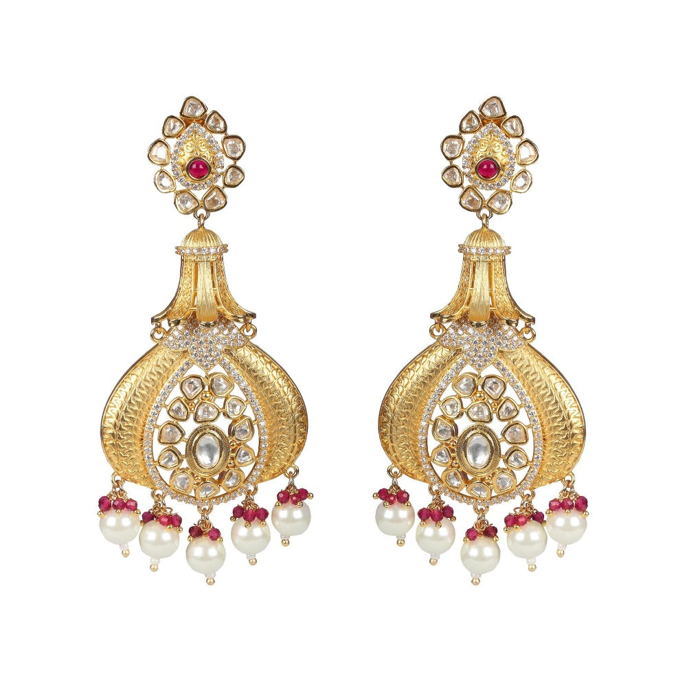 Akulya Jewels Antique Kundan Danglers with Delicate Faux Diamonds Red and White Beads.