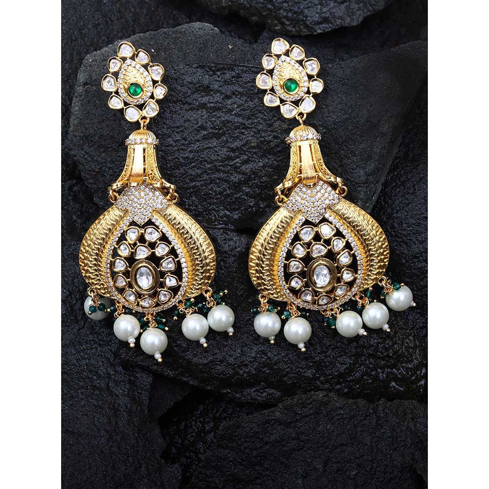 Akulya Jewels Antique Kundan Danglers with Delicate Faux Diamonds Green and White Beads.