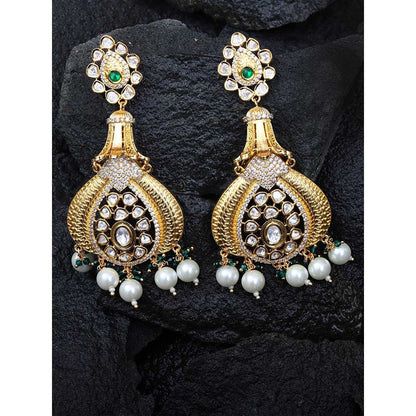 Akulya Jewels Antique Kundan Danglers with Delicate Faux Diamonds Green and White Beads.