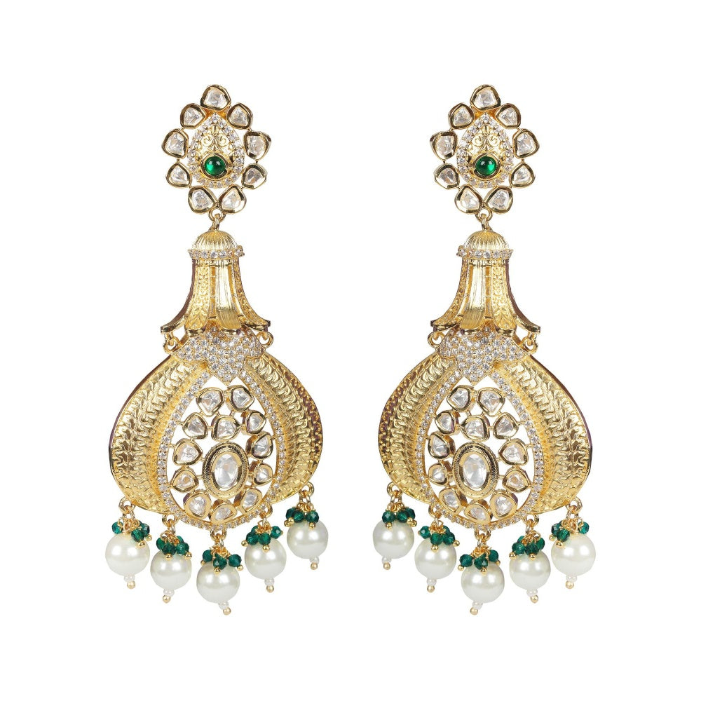 Akulya Jewels Antique Kundan Danglers with Delicate Faux Diamonds Green and White Beads.