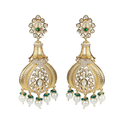 Akulya Jewels Antique Kundan Danglers with Delicate Faux Diamonds Green and White Beads.