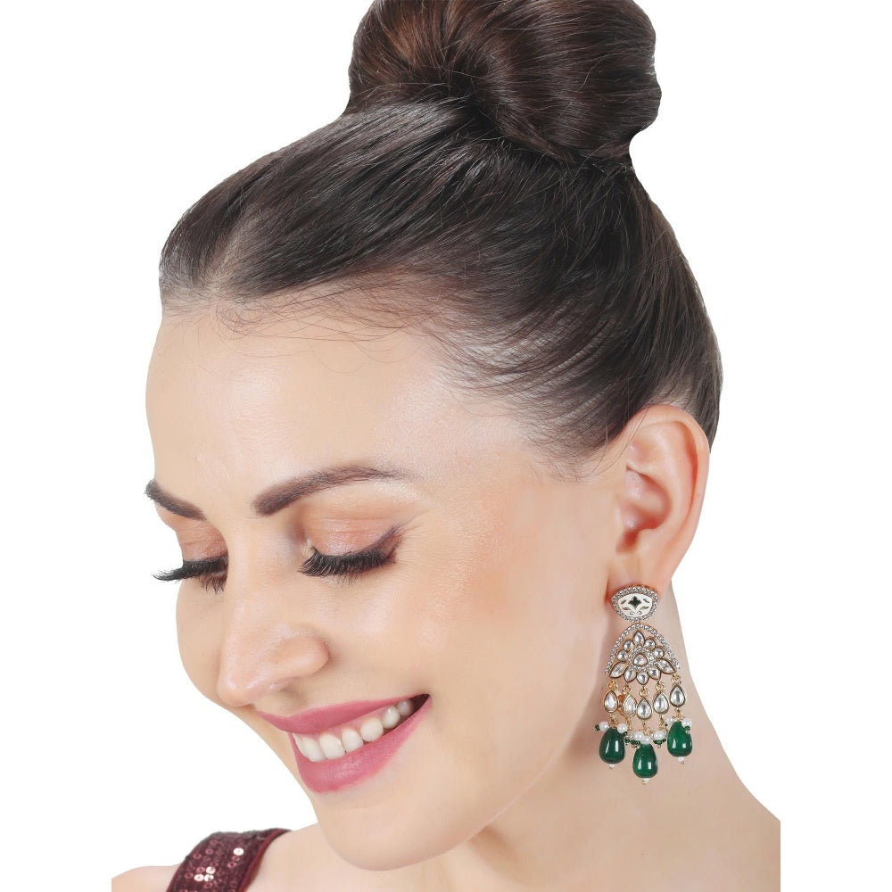 Akulya Jewels Emerald Green Meenkari Kundan Danglers with Faux Diamonds and White Beads.