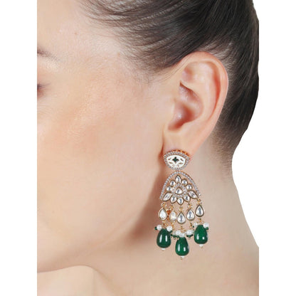 Akulya Jewels Emerald Green Meenkari Kundan Danglers with Faux Diamonds and White Beads.