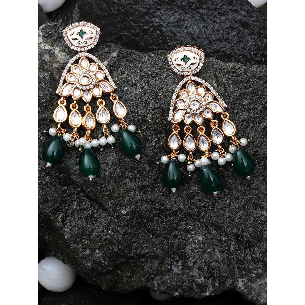Akulya Jewels Emerald Green Meenkari Kundan Danglers with Faux Diamonds and White Beads.