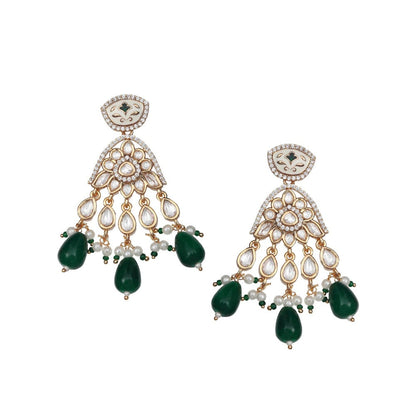 Akulya Jewels Emerald Green Meenkari Kundan Danglers with Faux Diamonds and White Beads.
