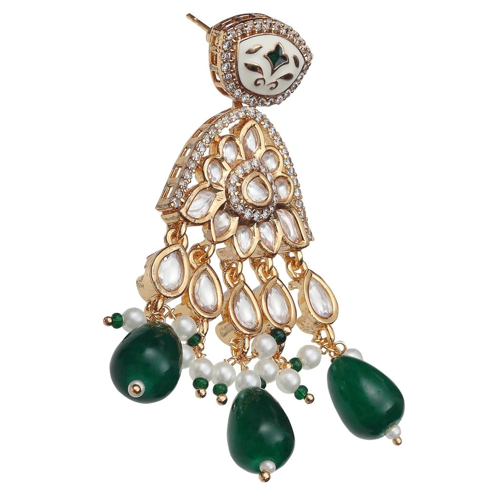 Akulya Jewels Emerald Green Meenkari Kundan Danglers with Faux Diamonds and White Beads.