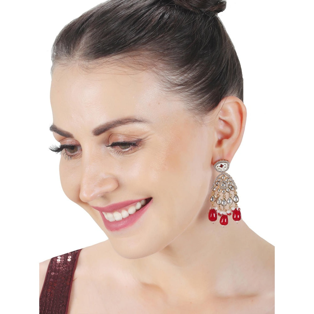 Akulya Jewels Red Meenkari Kundan Danglers with Faux Diamonds and White Beads