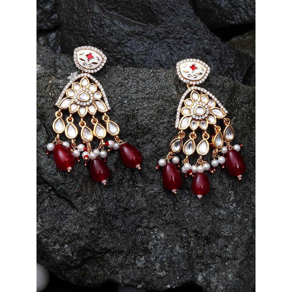 Akulya Jewels Red Meenkari Kundan Danglers with Faux Diamonds and White Beads
