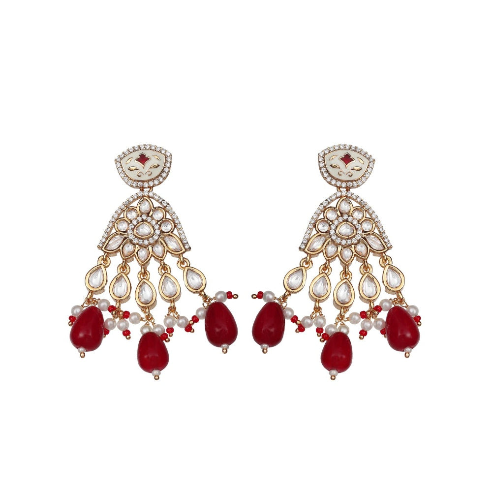 Akulya Jewels Red Meenkari Kundan Danglers with Faux Diamonds and White Beads
