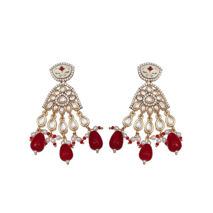 Akulya Jewels Red Meenkari Kundan Danglers with Faux Diamonds and White Beads