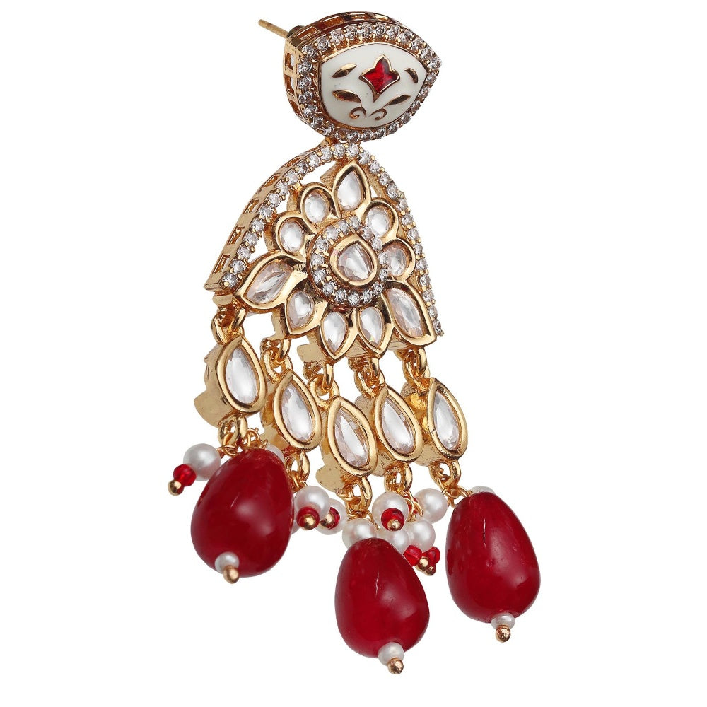Akulya Jewels Red Meenkari Kundan Danglers with Faux Diamonds and White Beads