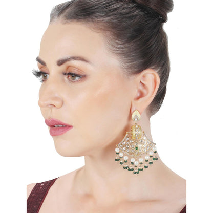 Akulya Jewels Kundan Chandbalis with Emerald Green and White Beads.
