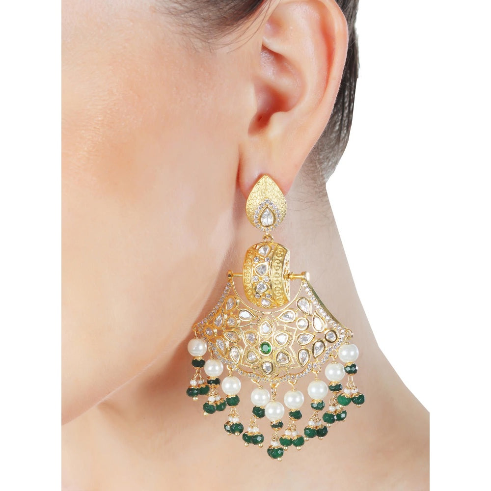 Akulya Jewels Kundan Chandbalis with Emerald Green and White Beads.