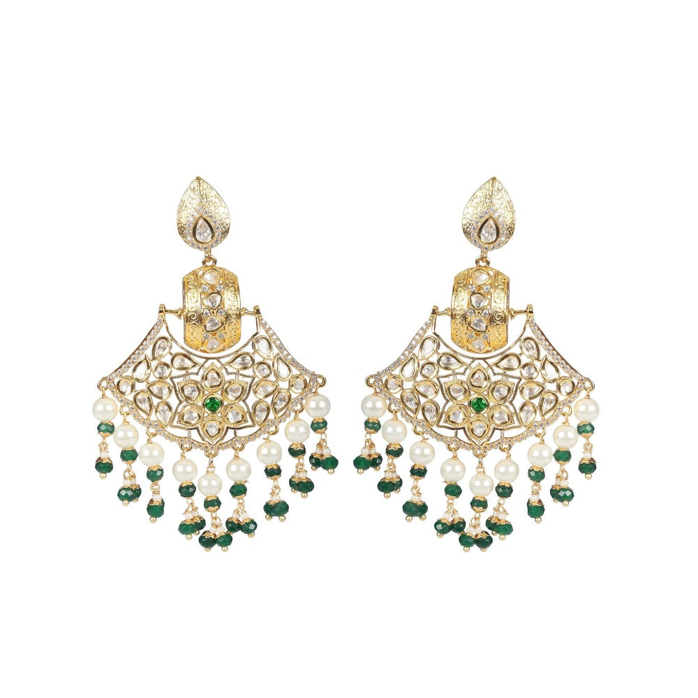 Akulya Jewels Kundan Chandbalis with Emerald Green and White Beads.