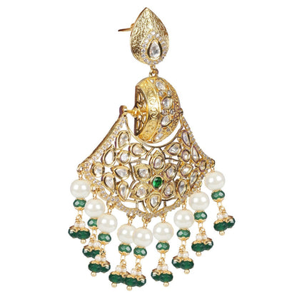Akulya Jewels Kundan Chandbalis with Emerald Green and White Beads.