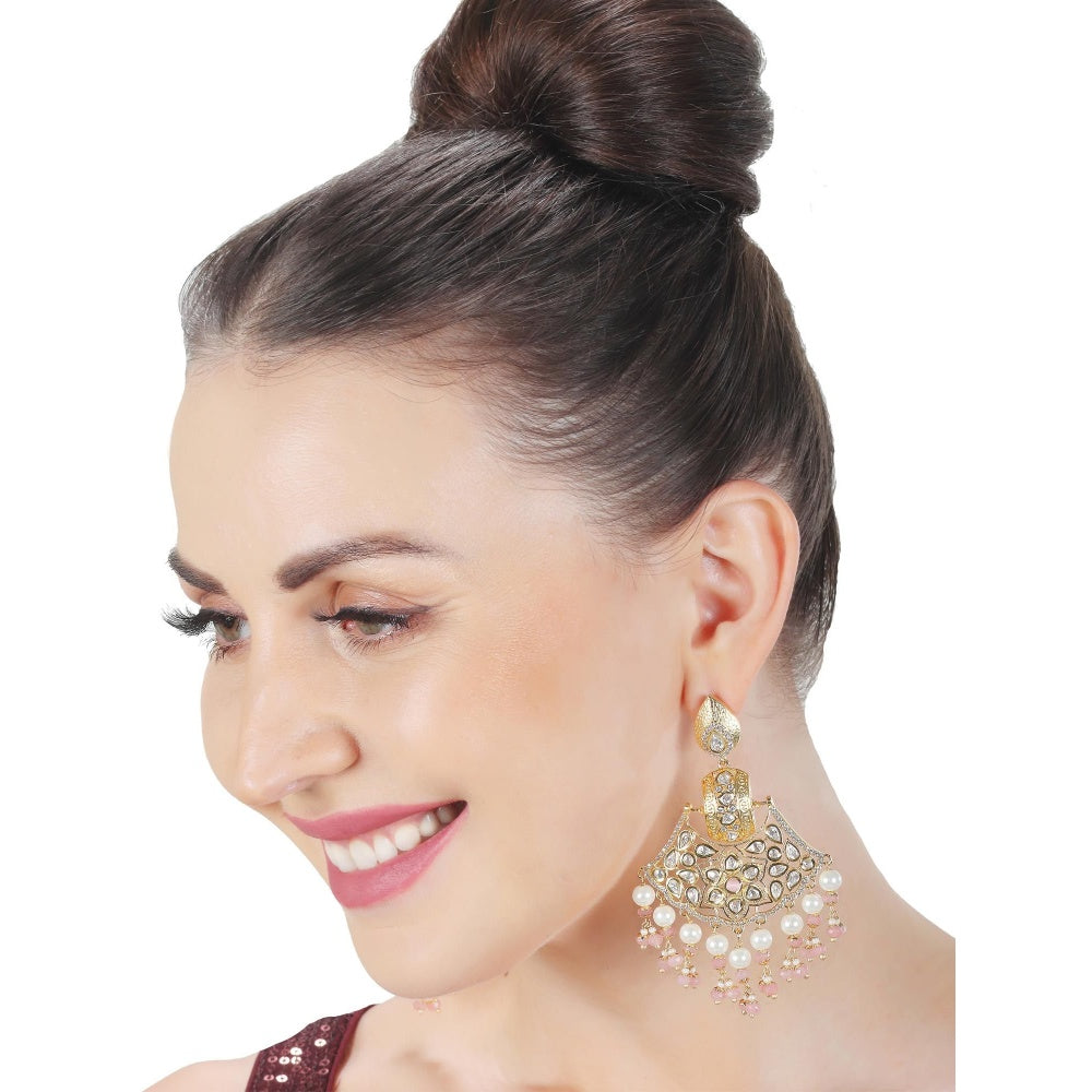 Akulya Jewels Kundan Chandbalis with Blush Pink and White Beads.