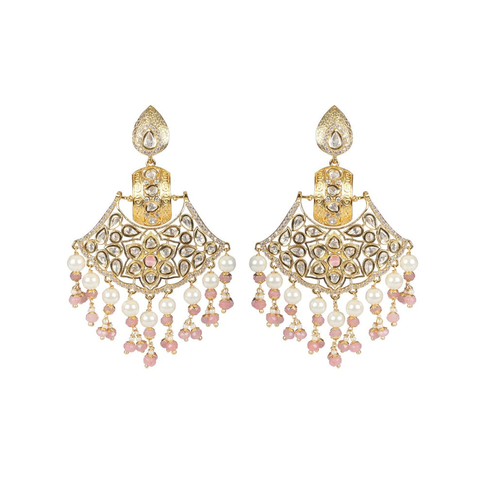 Akulya Jewels Kundan Chandbalis with Blush Pink and White Beads.