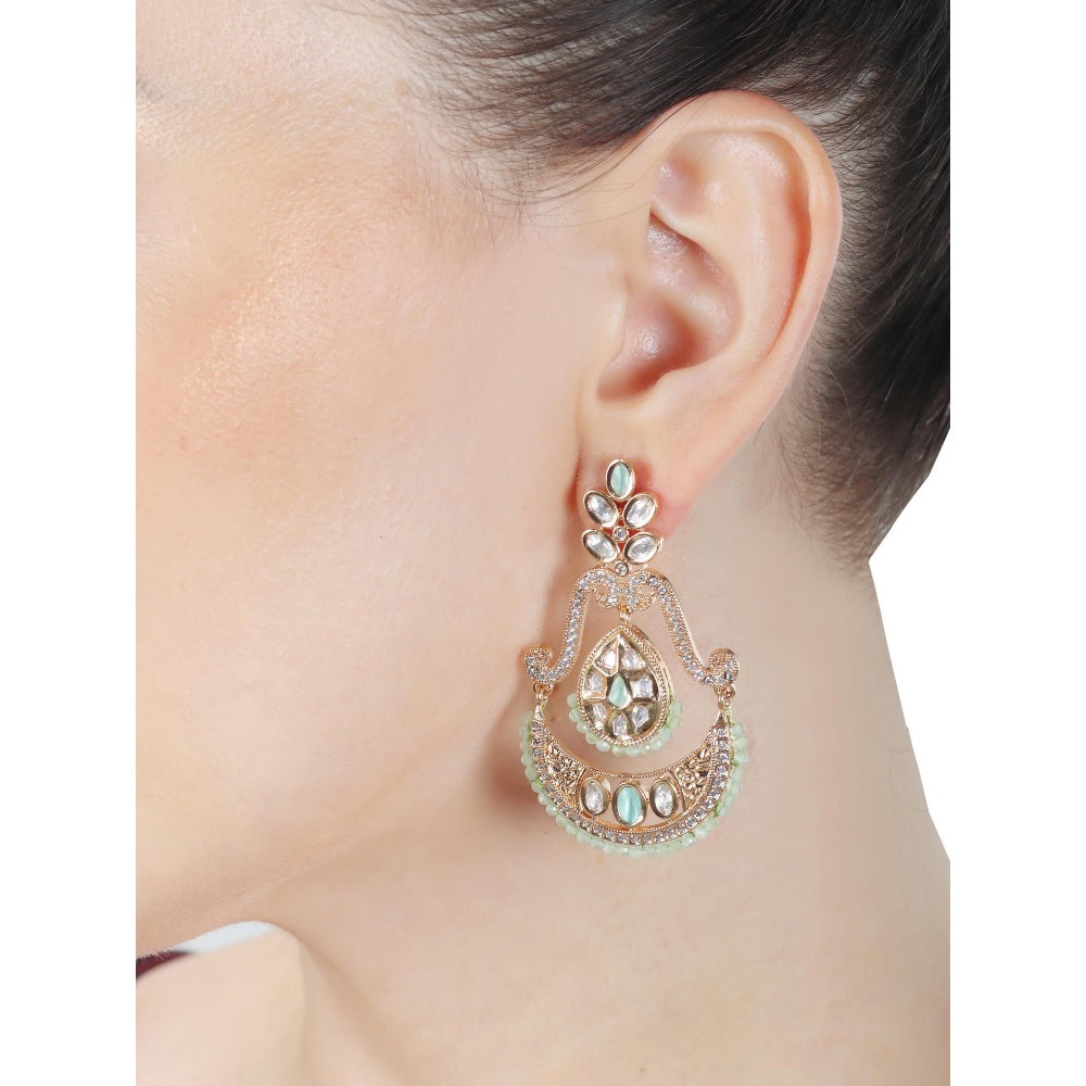 Akulya Jewels Kundan Chandbalis with Delicate Faux Diamonds and Mint Beads.