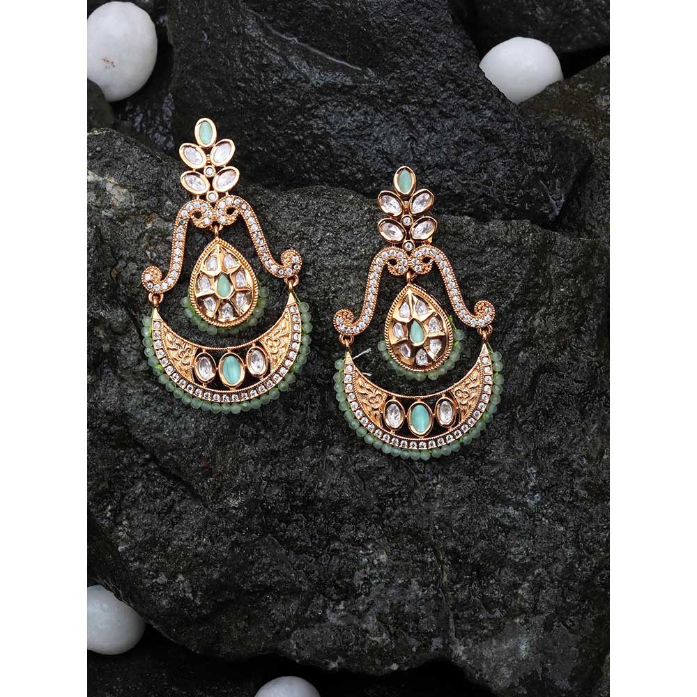 Akulya Jewels Kundan Chandbalis with Delicate Faux Diamonds and Mint Beads.