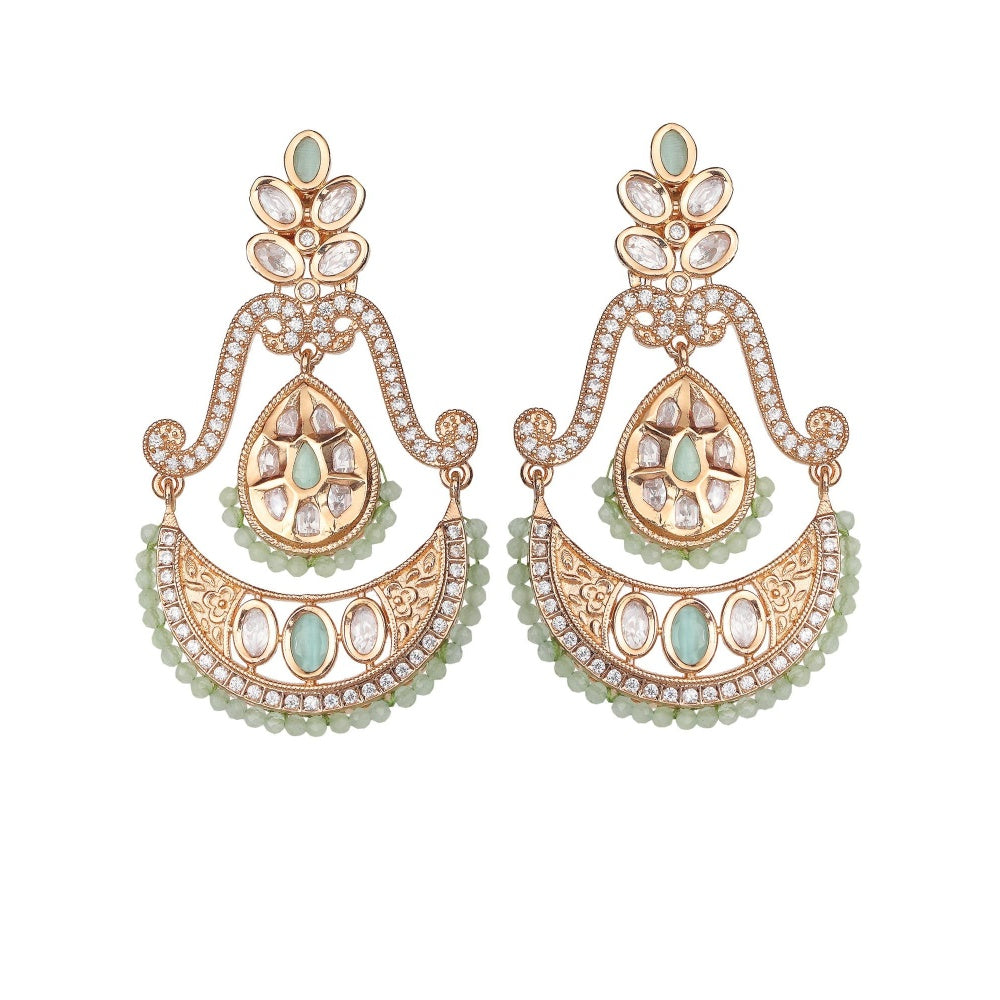 Akulya Jewels Kundan Chandbalis with Delicate Faux Diamonds and Mint Beads.