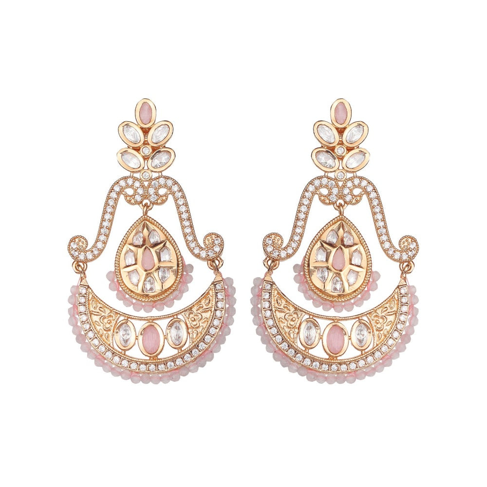 Akulya Jewels Kundan Chandbalis with Delicate Faux Diamonds and Blush Pink Beads.