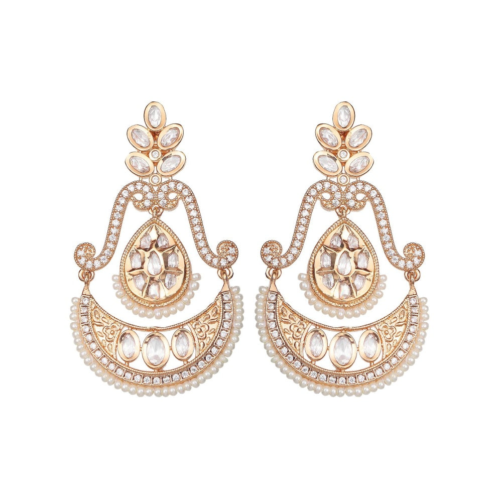 Akulya Jewels Kundan Chandbalis with Delicate Faux Diamonds and White Beads.