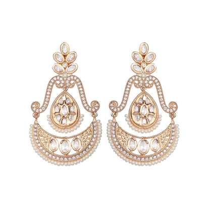 Akulya Jewels Kundan Chandbalis with Delicate Faux Diamonds and White Beads.