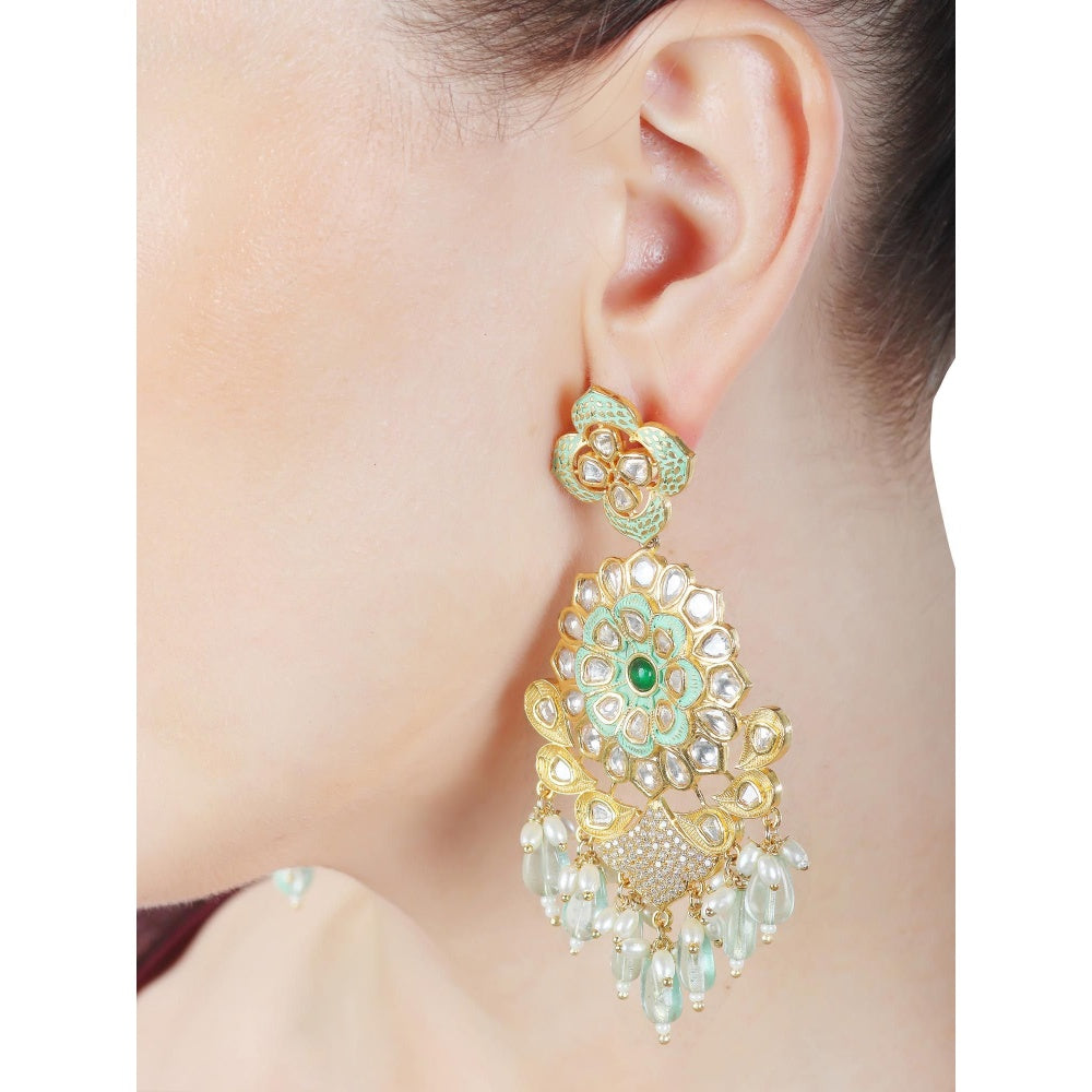 Akulya Jewels Kundan Chandbalis with Faux Diamonds and Green Beads