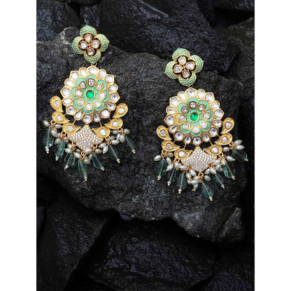 Akulya Jewels Kundan Chandbalis with Faux Diamonds and Green Beads
