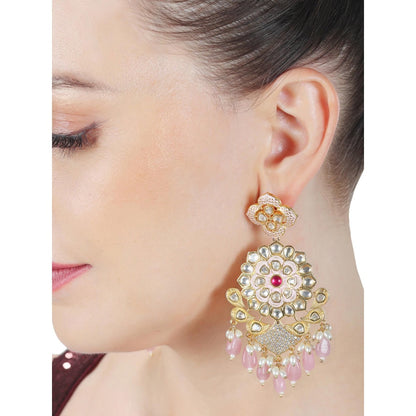Akulya Jewels Kundan Chandbalis with Faux Diamonds and Pink Beads