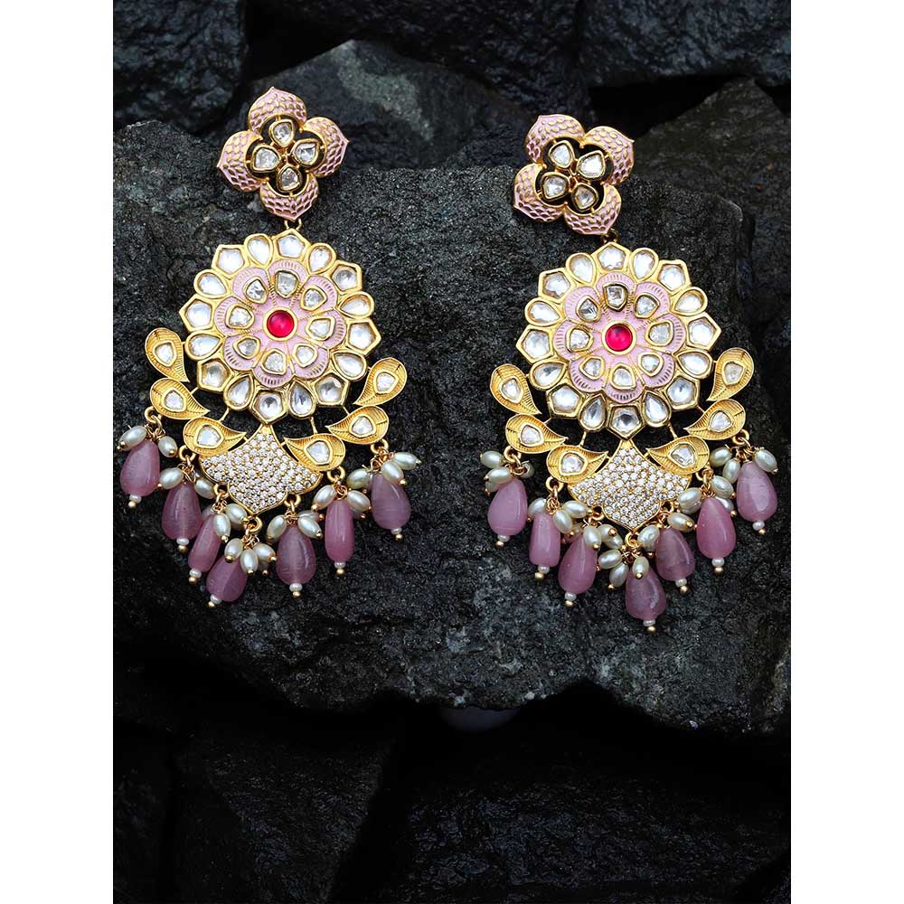 Akulya Jewels Kundan Chandbalis with Faux Diamonds and Pink Beads