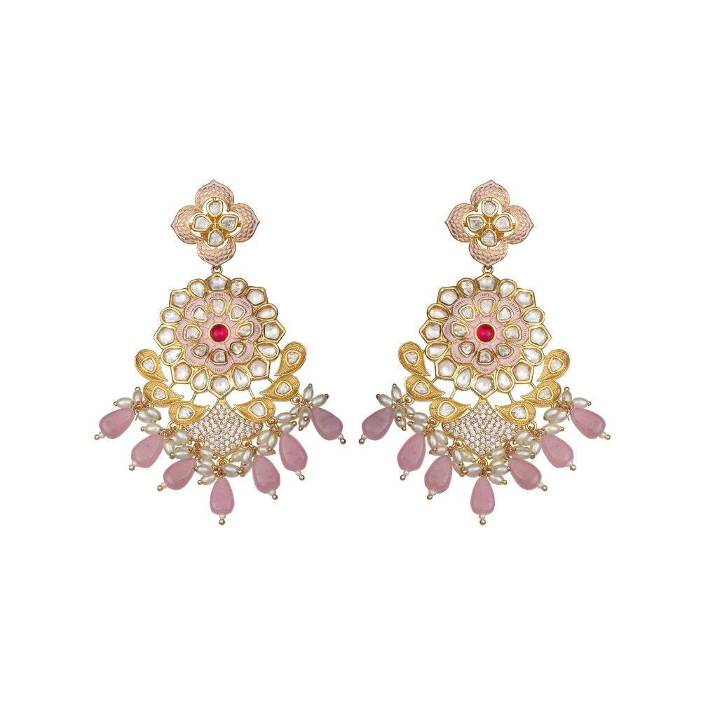 Akulya Jewels Kundan Chandbalis with Faux Diamonds and Pink Beads