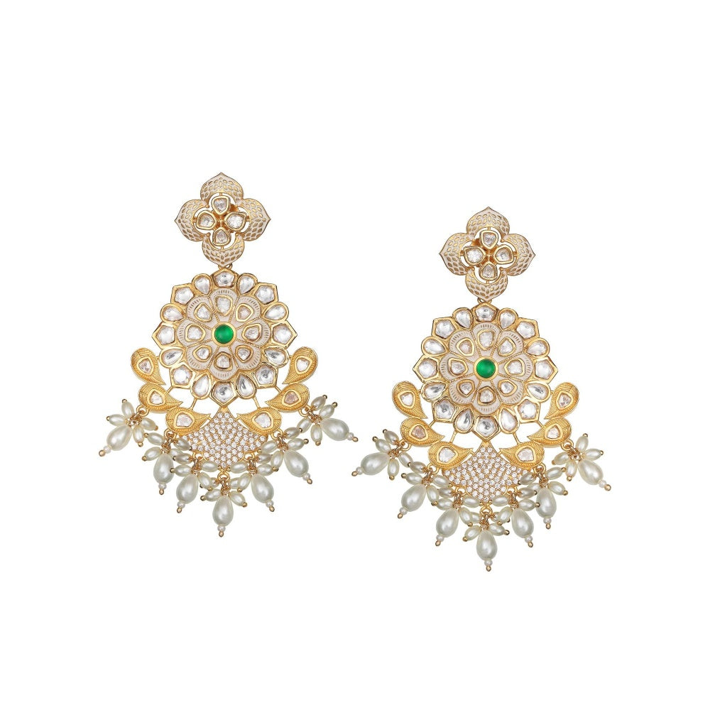 Akulya Jewels Kundan Chandbalis with Faux Diamonds and White Beads