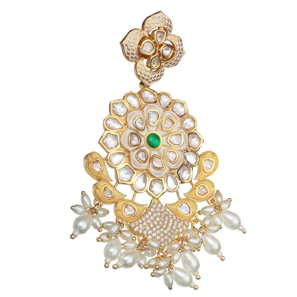 Akulya Jewels Kundan Chandbalis with Faux Diamonds and White Beads