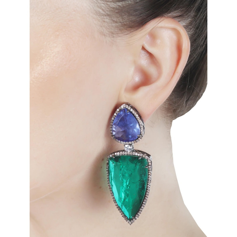 Akulya Jewels Emerald and Amethyst Doublet Danglers Encircled by Delicate Round Cubic Zirconia