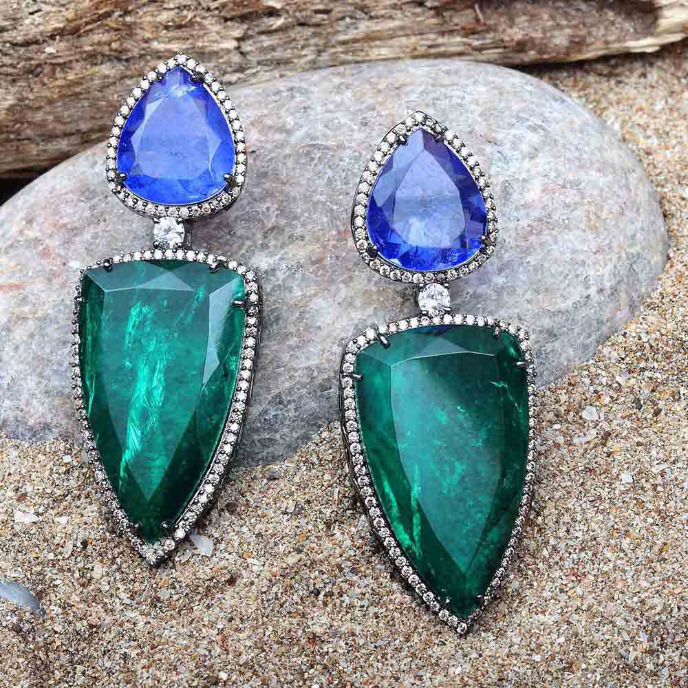 Akulya Jewels Emerald and Amethyst Doublet Danglers Encircled by Delicate Round Cubic Zirconia
