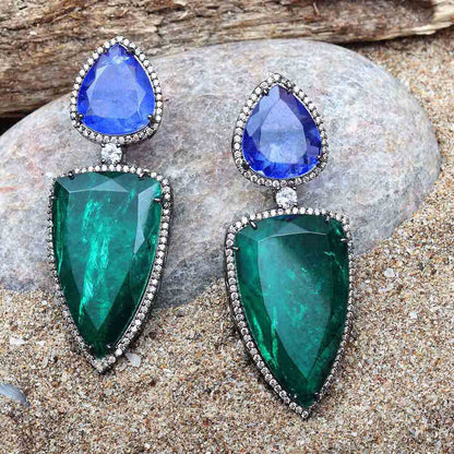 Akulya Jewels Emerald and Amethyst Doublet Danglers Encircled by Delicate Round Cubic Zirconia
