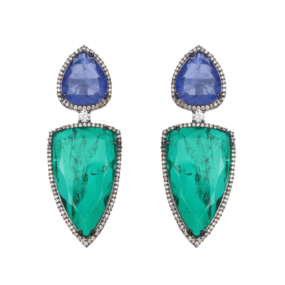 Akulya Jewels Emerald and Amethyst Doublet Danglers Encircled by Delicate Round Cubic Zirconia