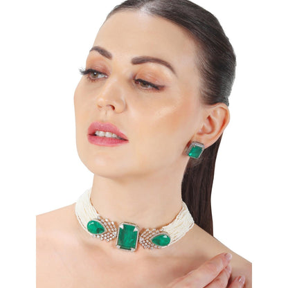 Akulya Jewels Emerald Green and White Doublet Choker (Set of 2)