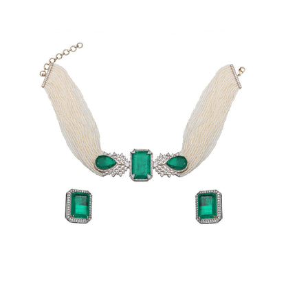 Akulya Jewels Emerald Green and White Doublet Choker (Set of 2)
