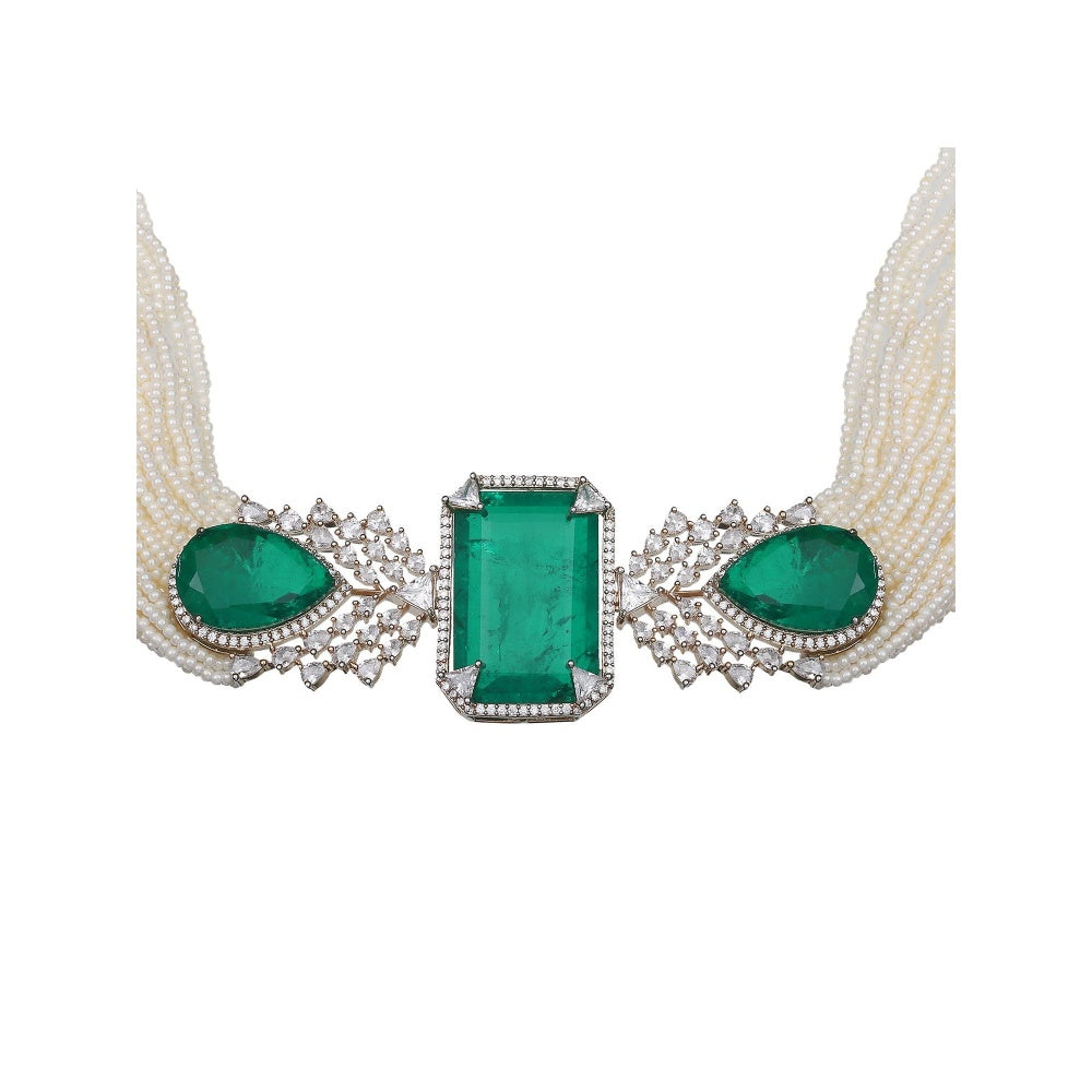 Akulya Jewels Emerald Green and White Doublet Choker (Set of 2)