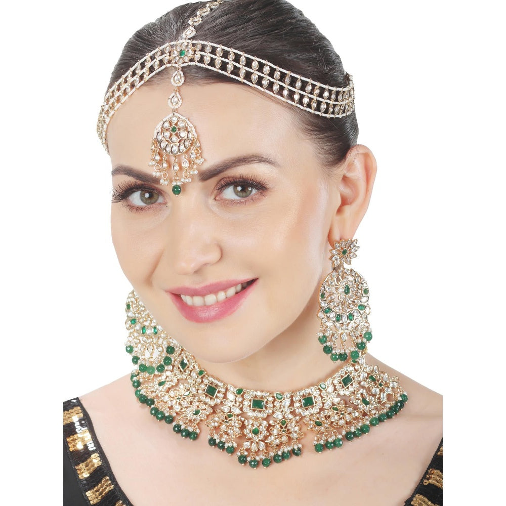 Akulya Jewels Gold Finished Kundan Polki Choker with Emerald Green Stones (Set of 3)