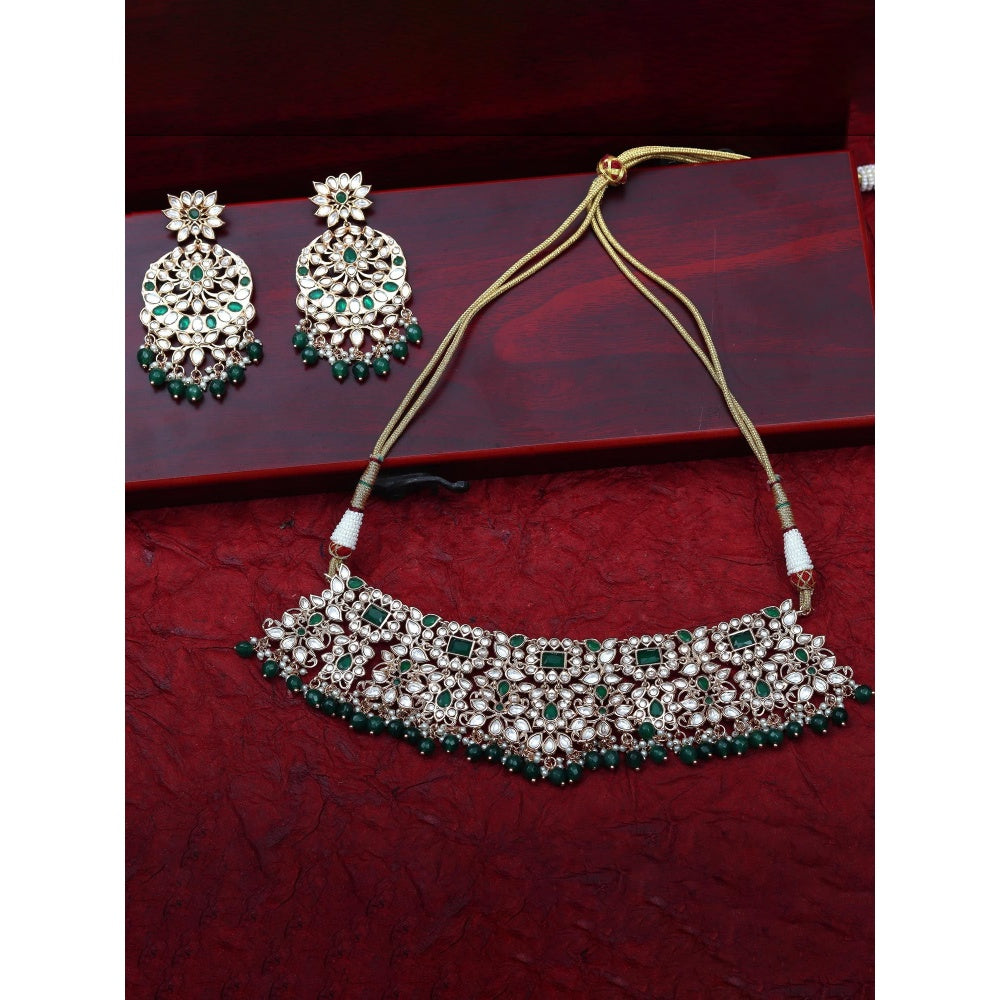 Akulya Jewels Gold Finished Kundan Polki Choker with Emerald Green Stones (Set of 3)